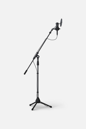 A side shot of a black telescoping microphone stand