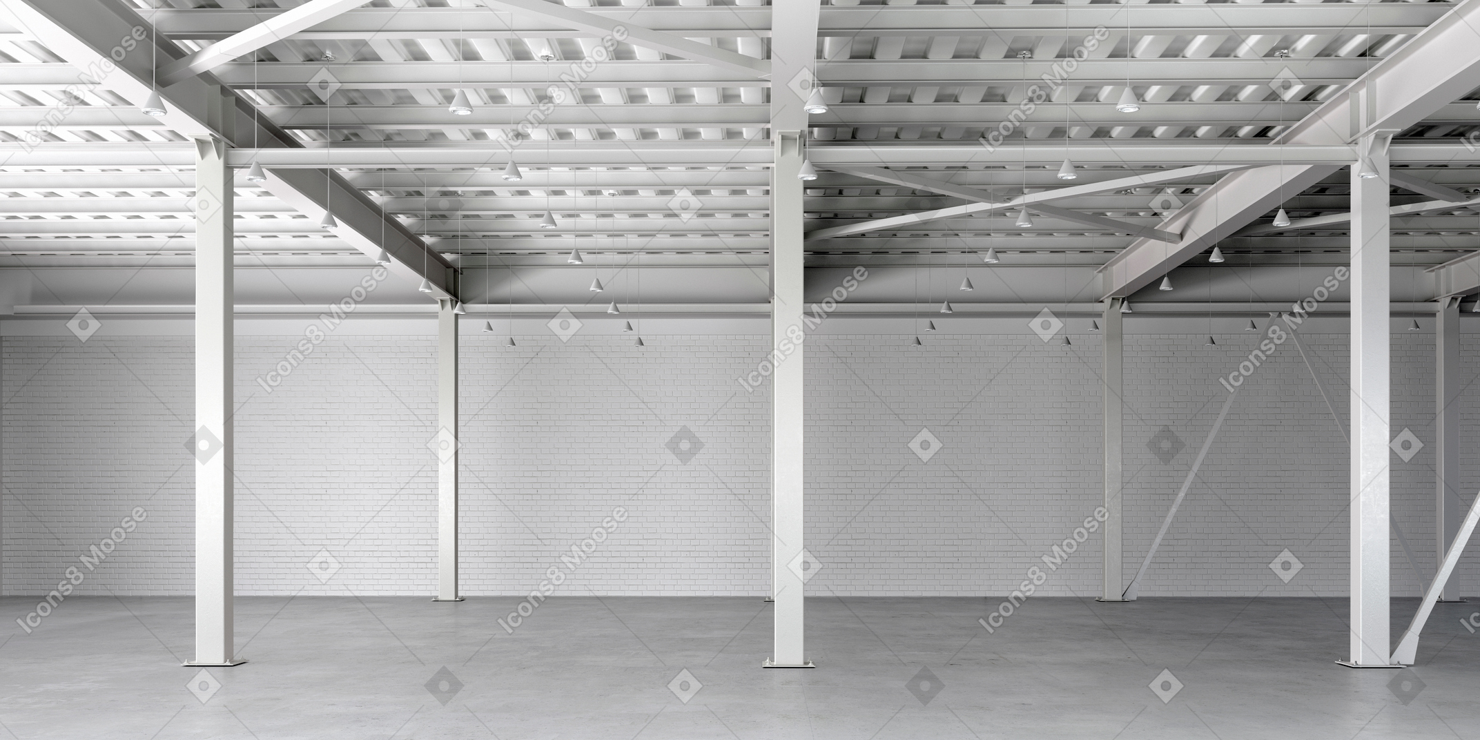 Garage vuoto con pilastri di supporto bianchi