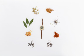 Circle of herbs and spices with compass in centre