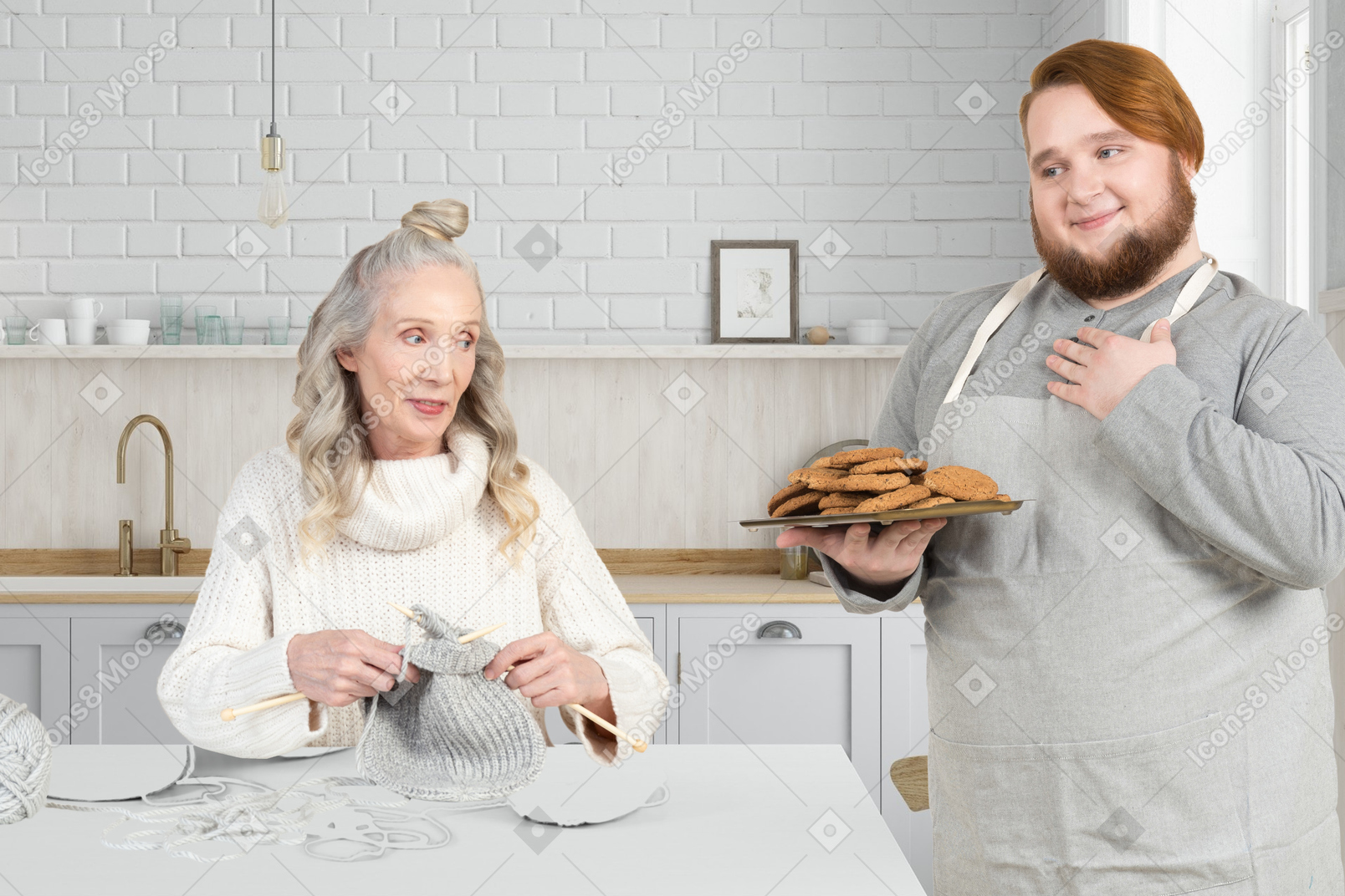 A man with cookies on a plate standing next to an old woman knitting