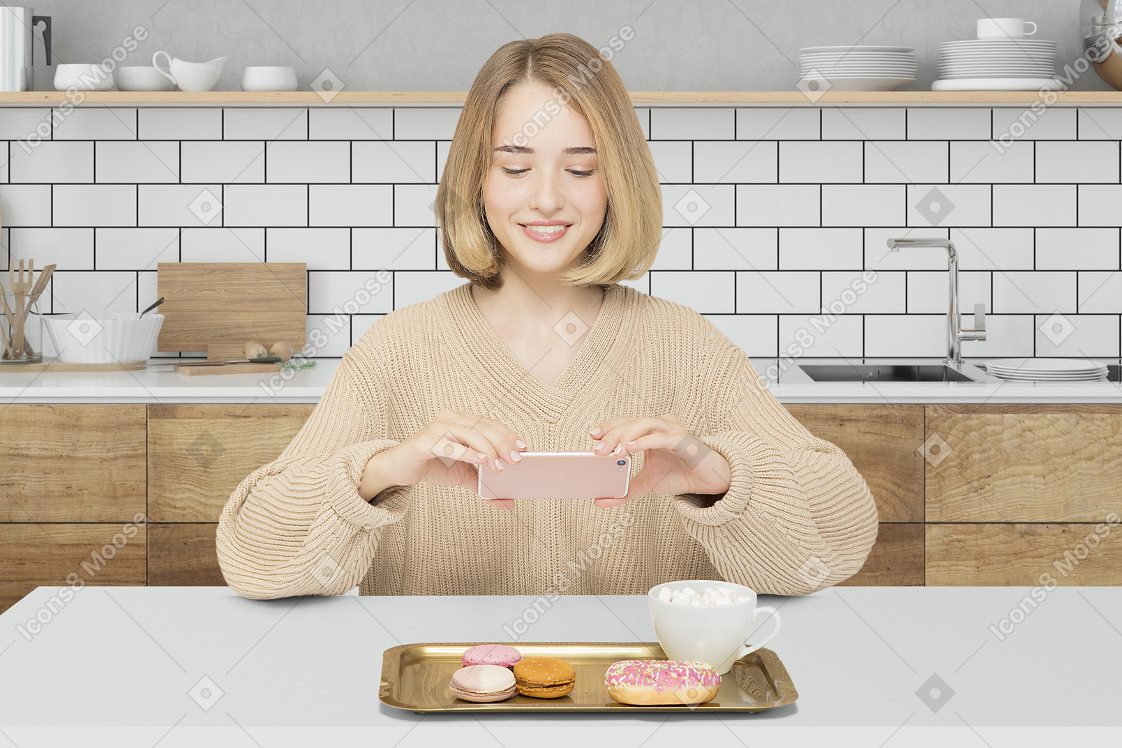 Woman taking picture of her meal in the kitchen