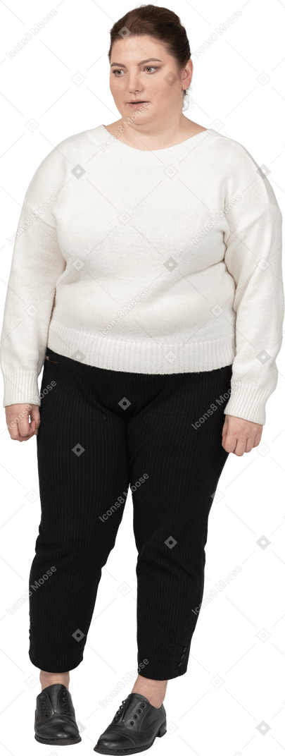 Upset plump woman in casual clothes