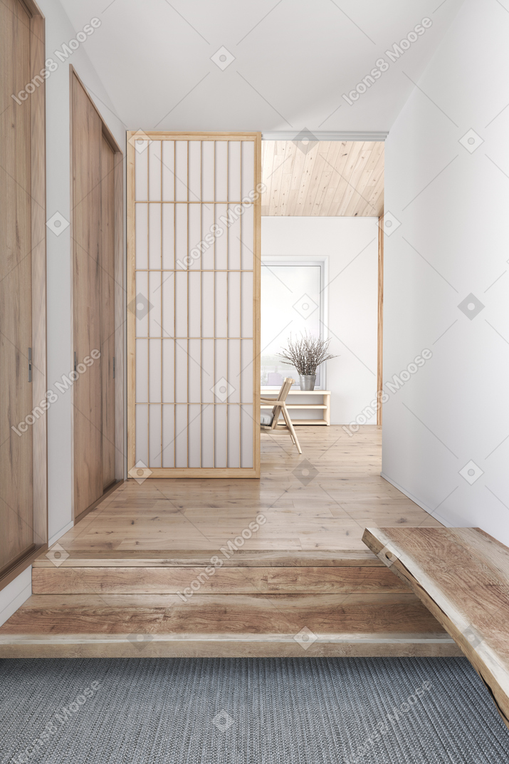 Corridoio con pavimento in legno e porta scorrevole