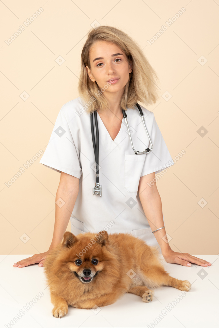 Attraente veterinario pronto ad esaminare uno spitz