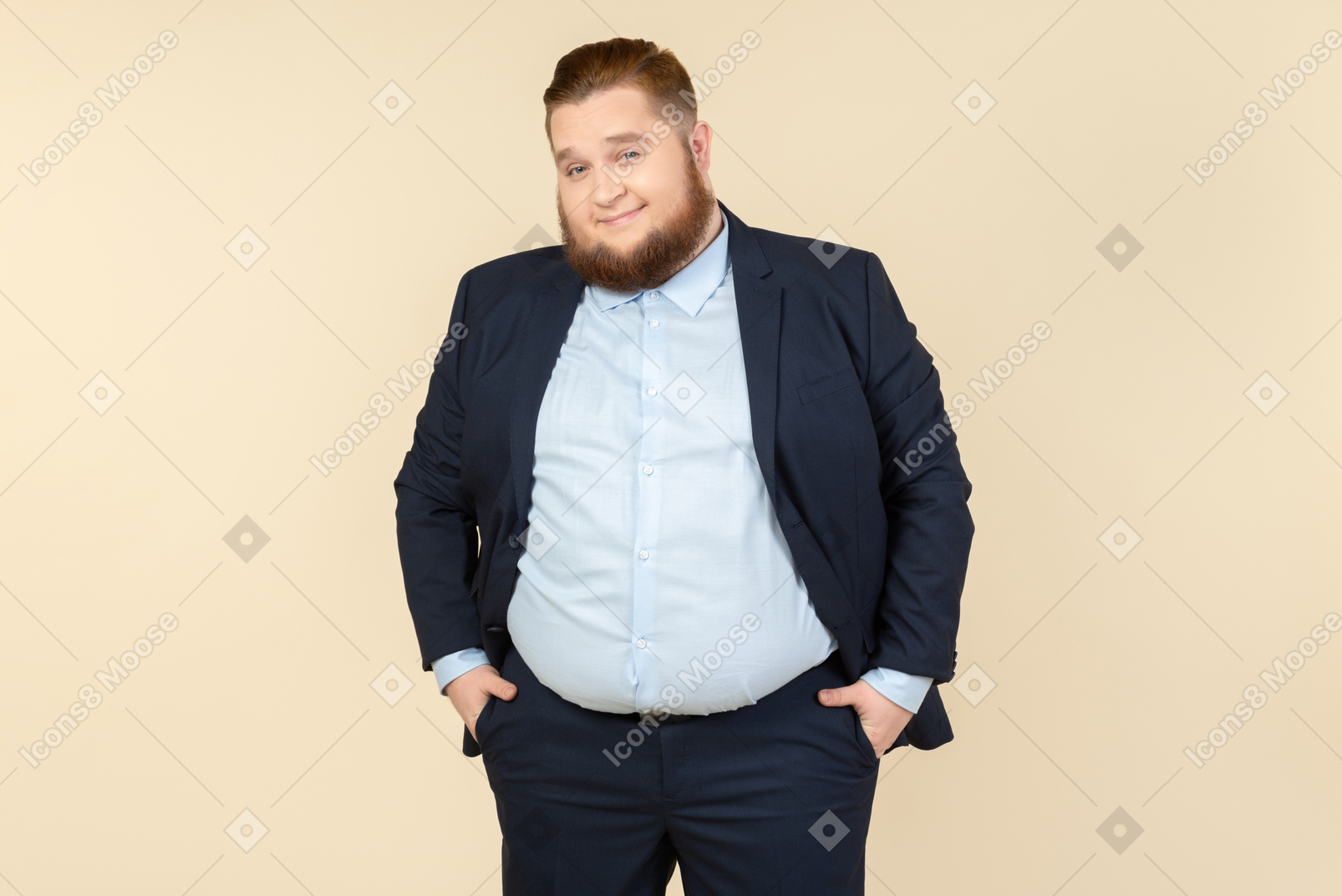 Positive looking young overweight man standing with hands in pockets