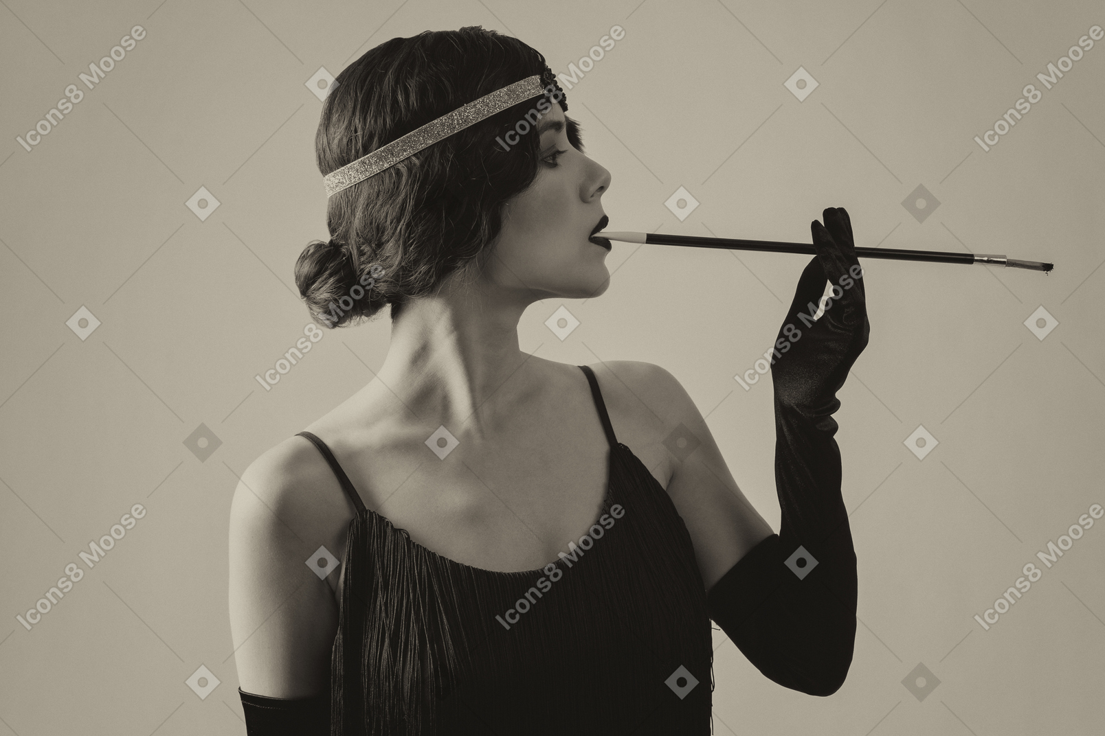 Black and white portrait of a flapper smoking cigarette