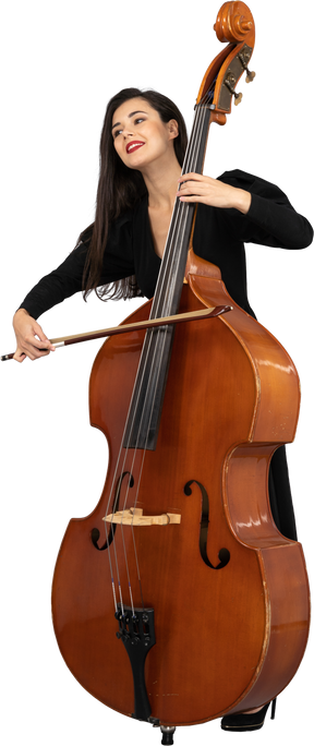 Front view of a smiling young woman in black dress playing the double-bass with a bow