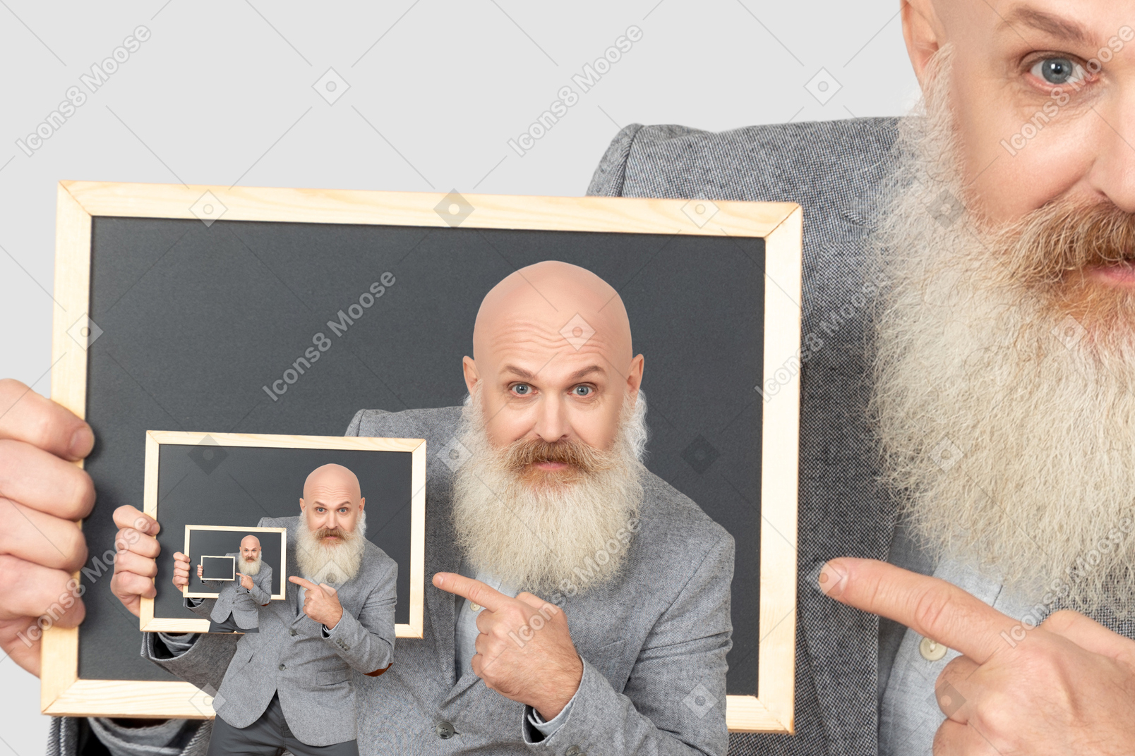 Repeating image of a man pointing at a photo of himself