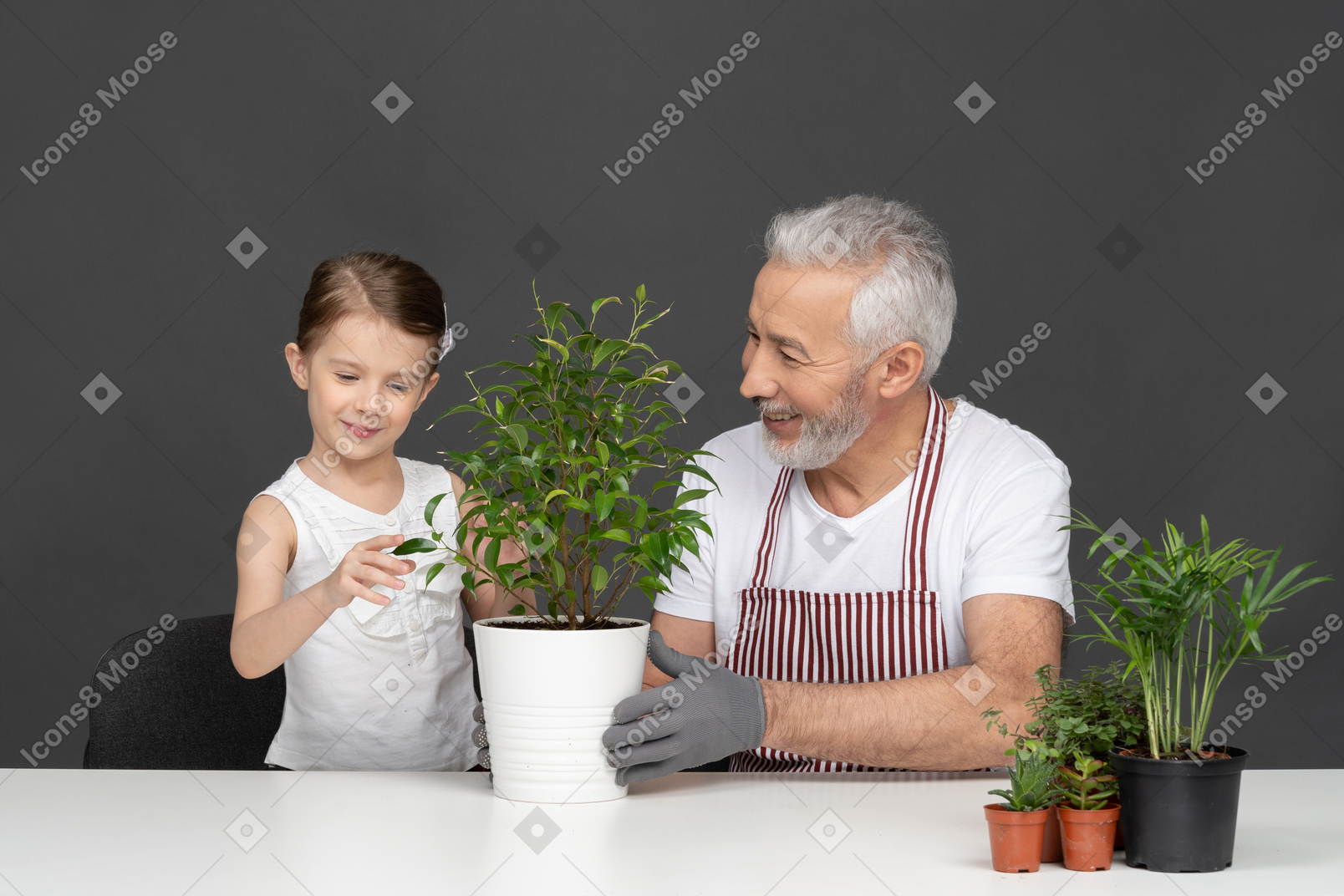 Bambina e uomo maturo giardinaggio