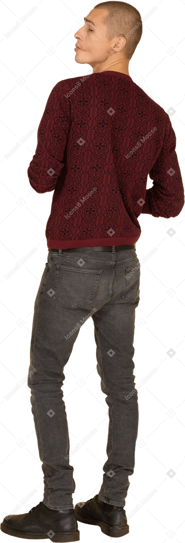 Rückansicht eines herrischen jungen mannes gekleidet in rotem pullover und händchenhalten zusammen