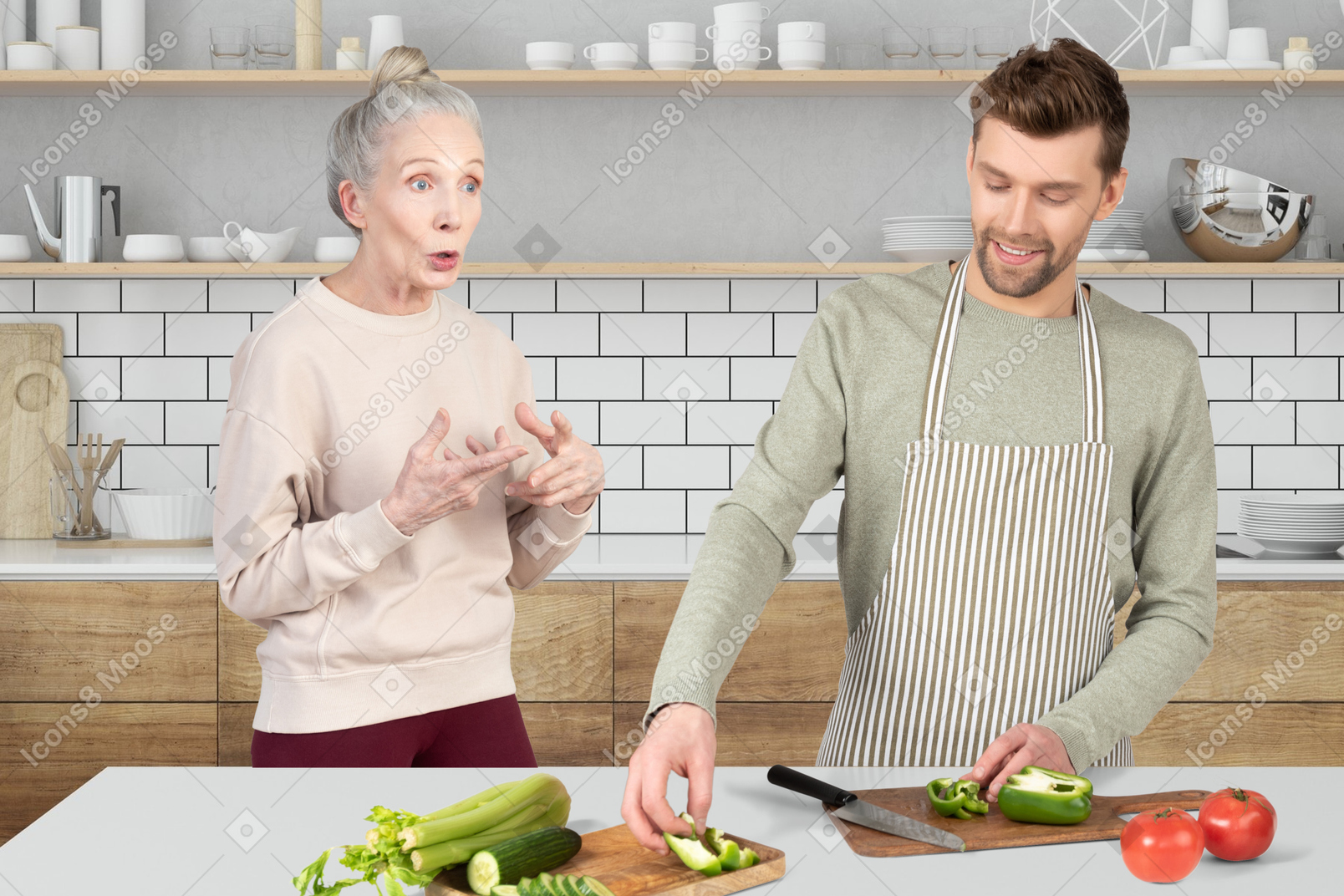 A man preparing food and standing next to a shocked looking older woman