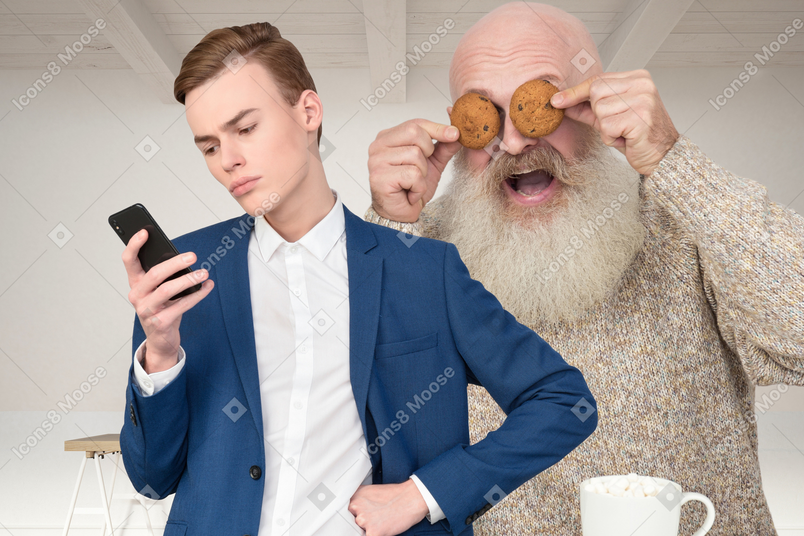 An old man trying to scare a young man