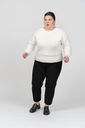Extremely surprised plus size woman in casual clothes
