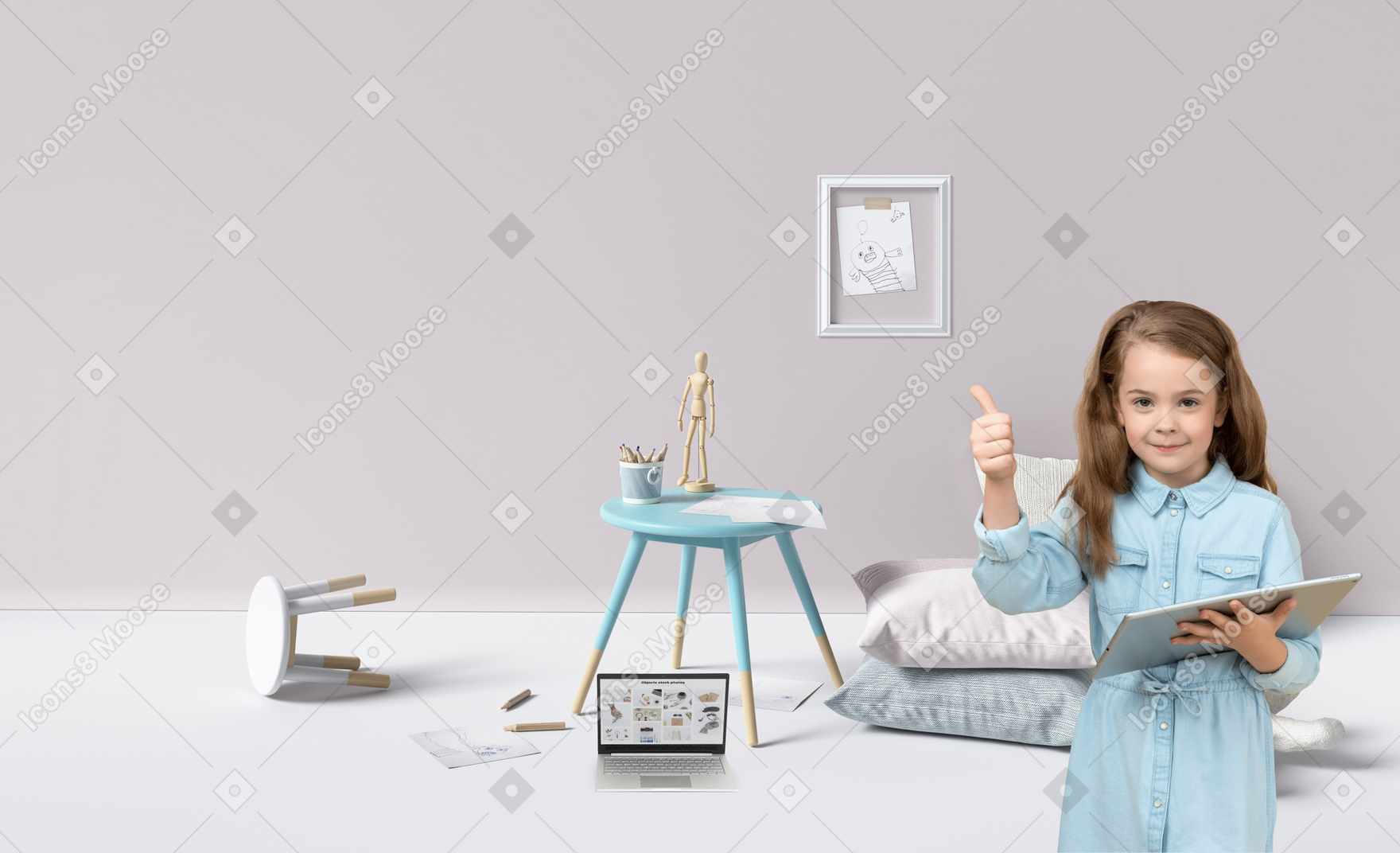 Little girl with digital tablet showing thumbs up