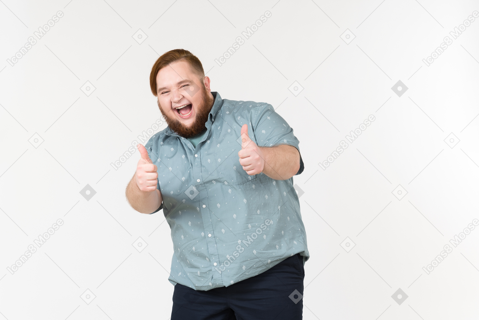 Young overweight man showing thumbs up with both hands