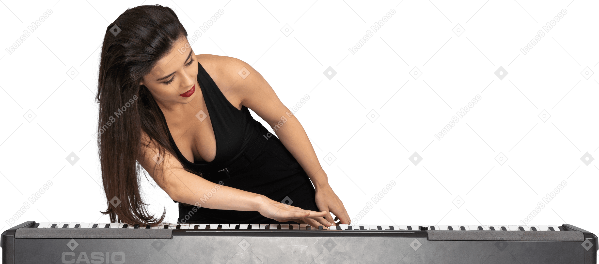 Front view of a young lady in black dress putting her hand on keyboard