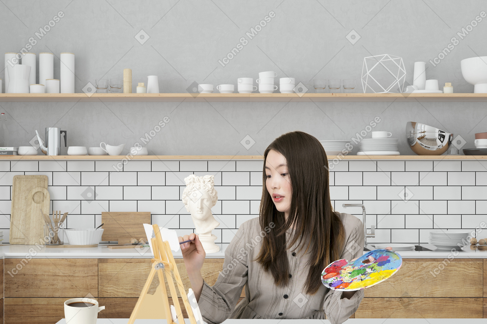 A woman sitting at a table holding a paintbrush and an easel