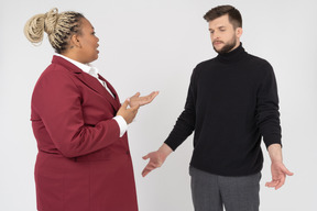 Plump dark skinned manager going crook on office worker