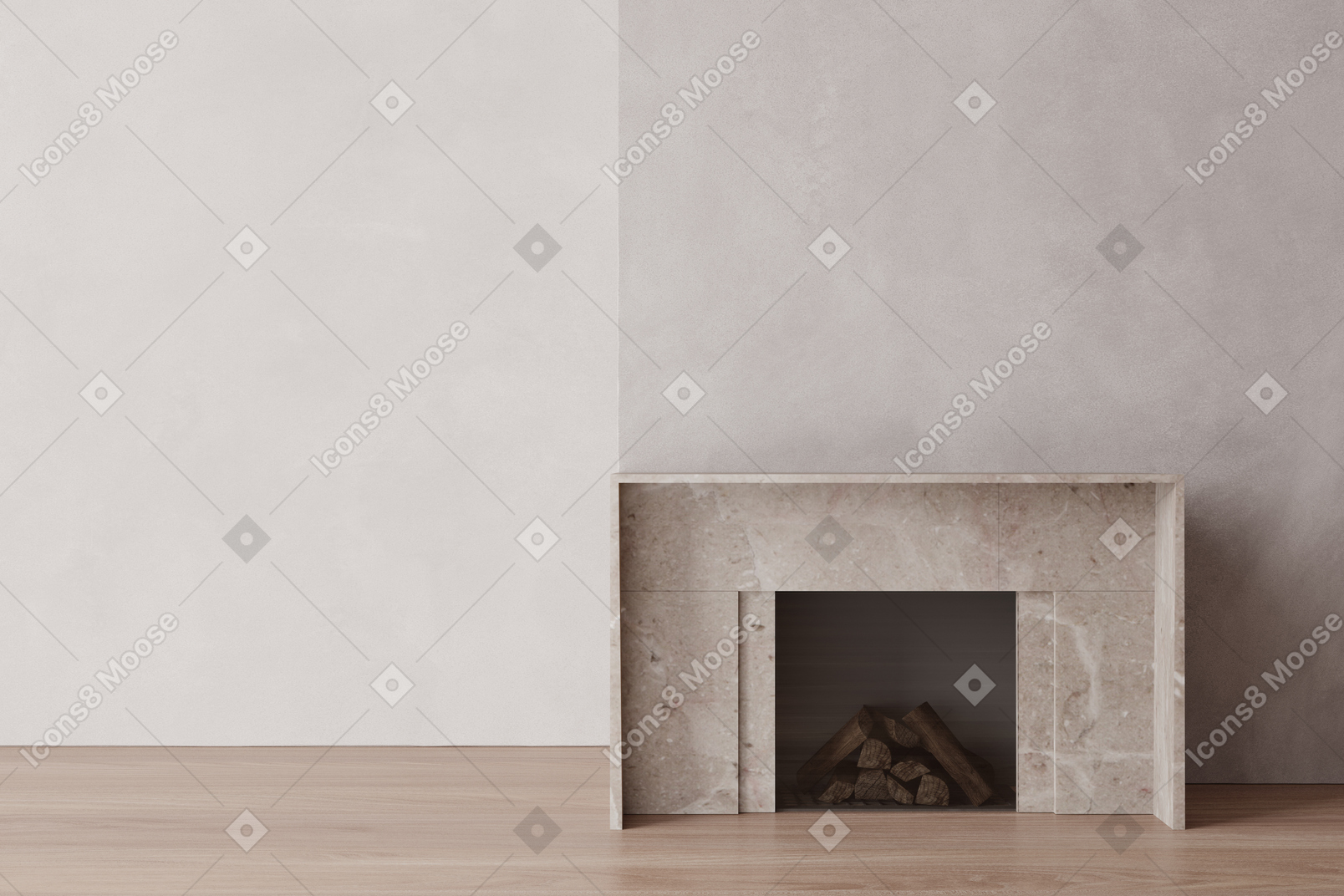 Empty room with fireplace filled with firewood