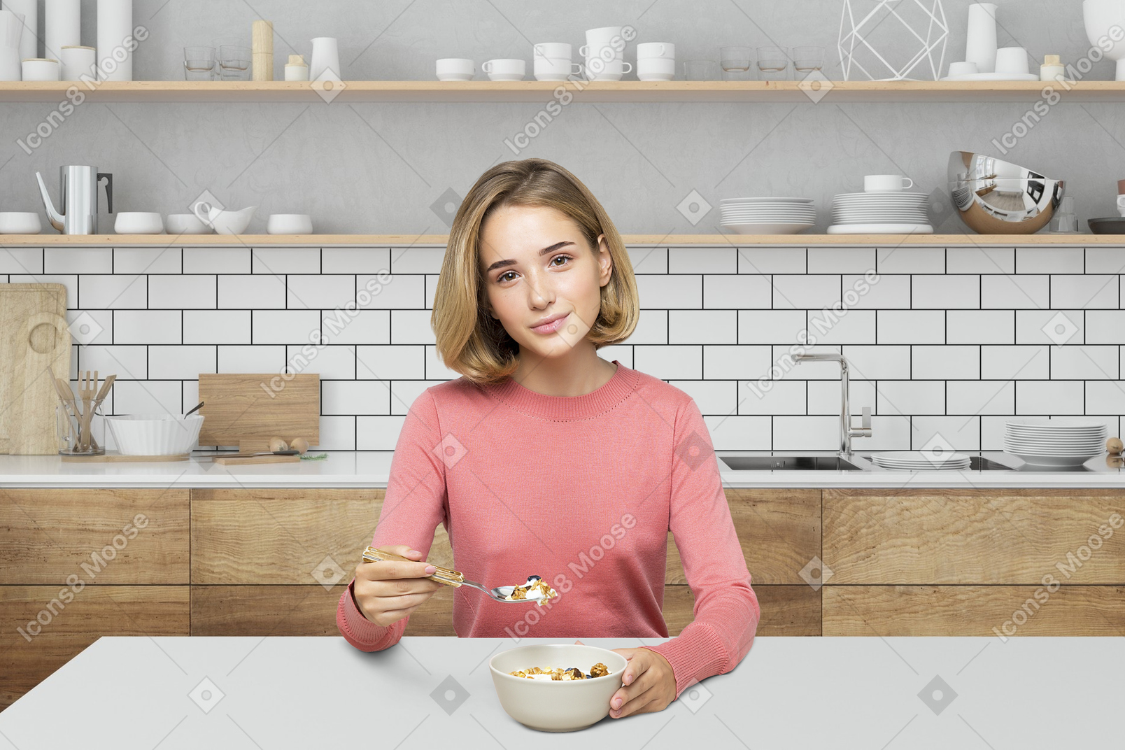 A woman sitting at a table with a bowl of cereal
