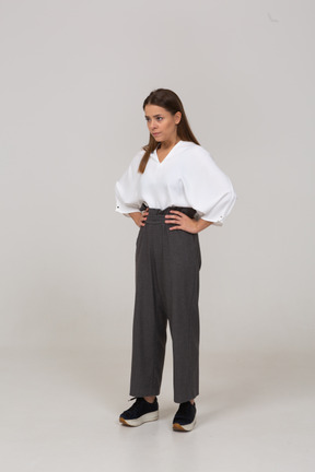 Three-quarter view of an offended young lady in office clothing putting hands on hips