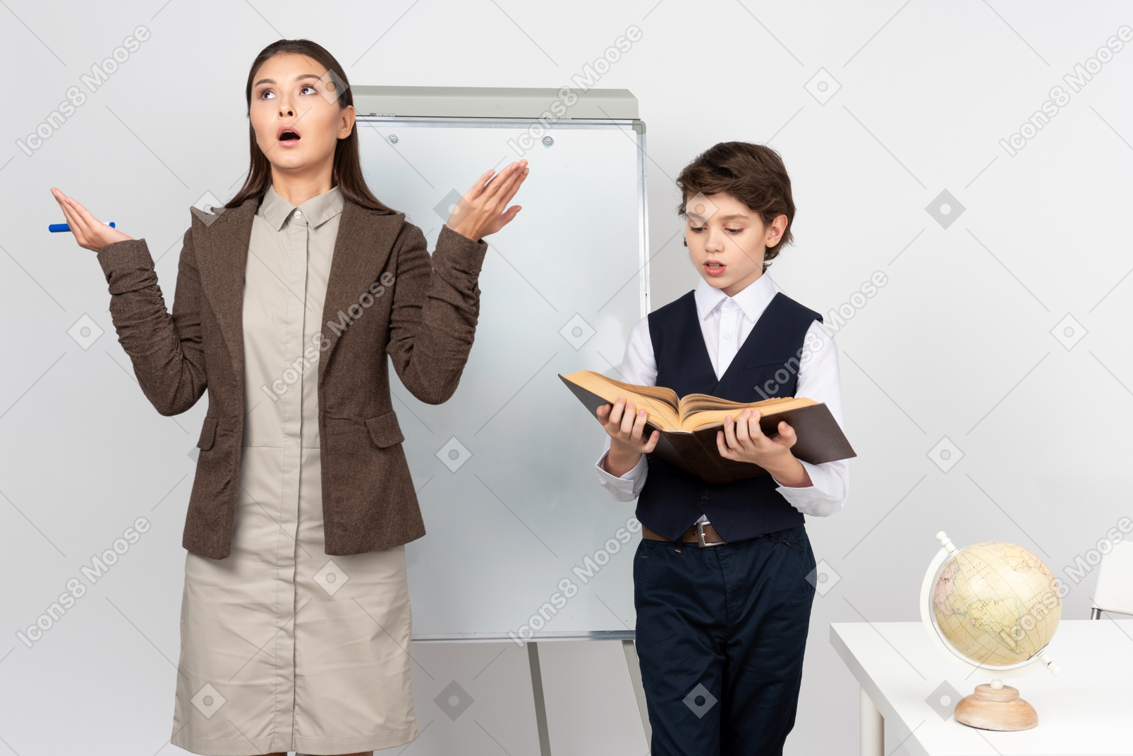 Dazed young teacher and a pupil answering in class
