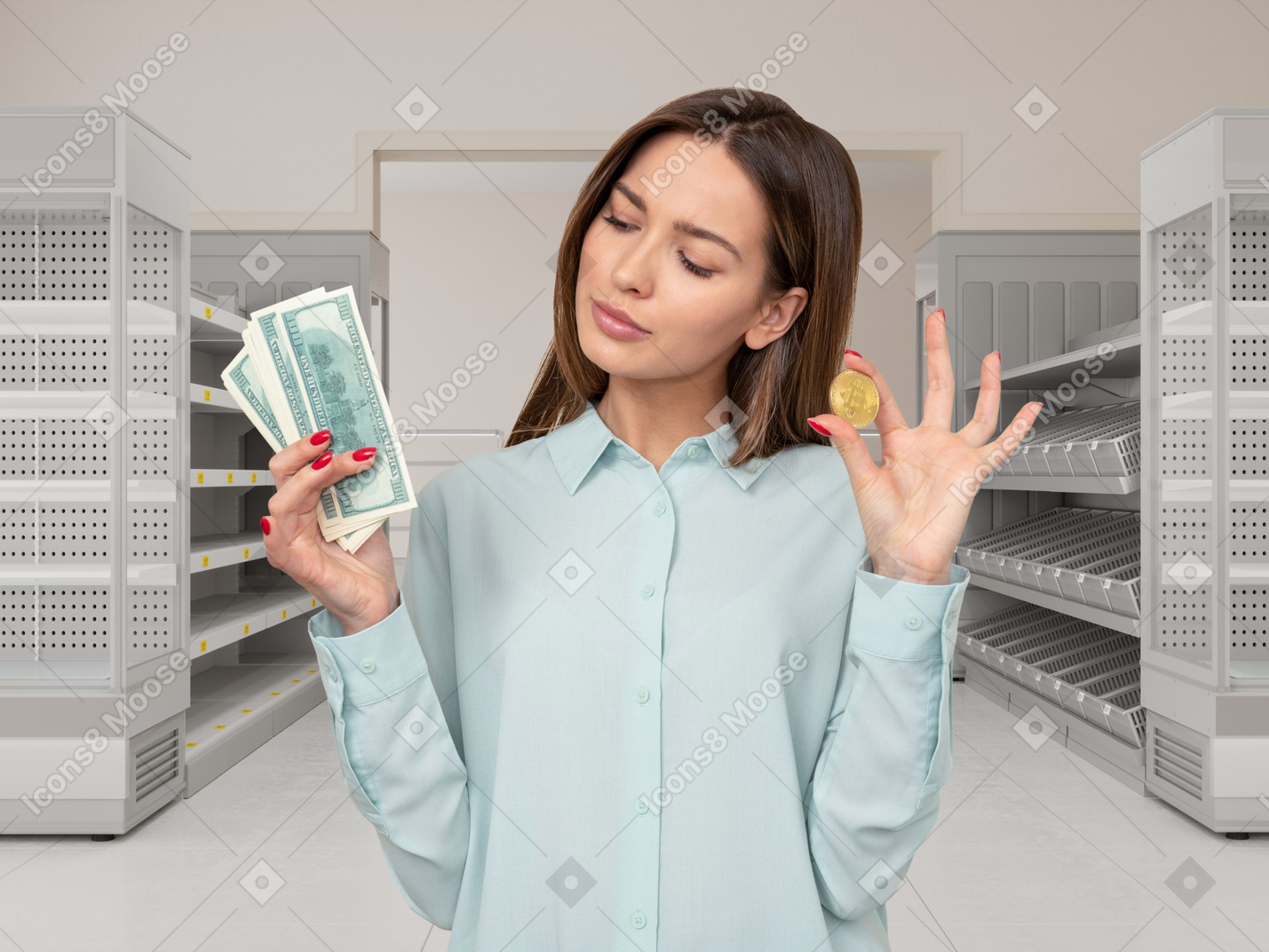 A woman holding a stack of money in a store