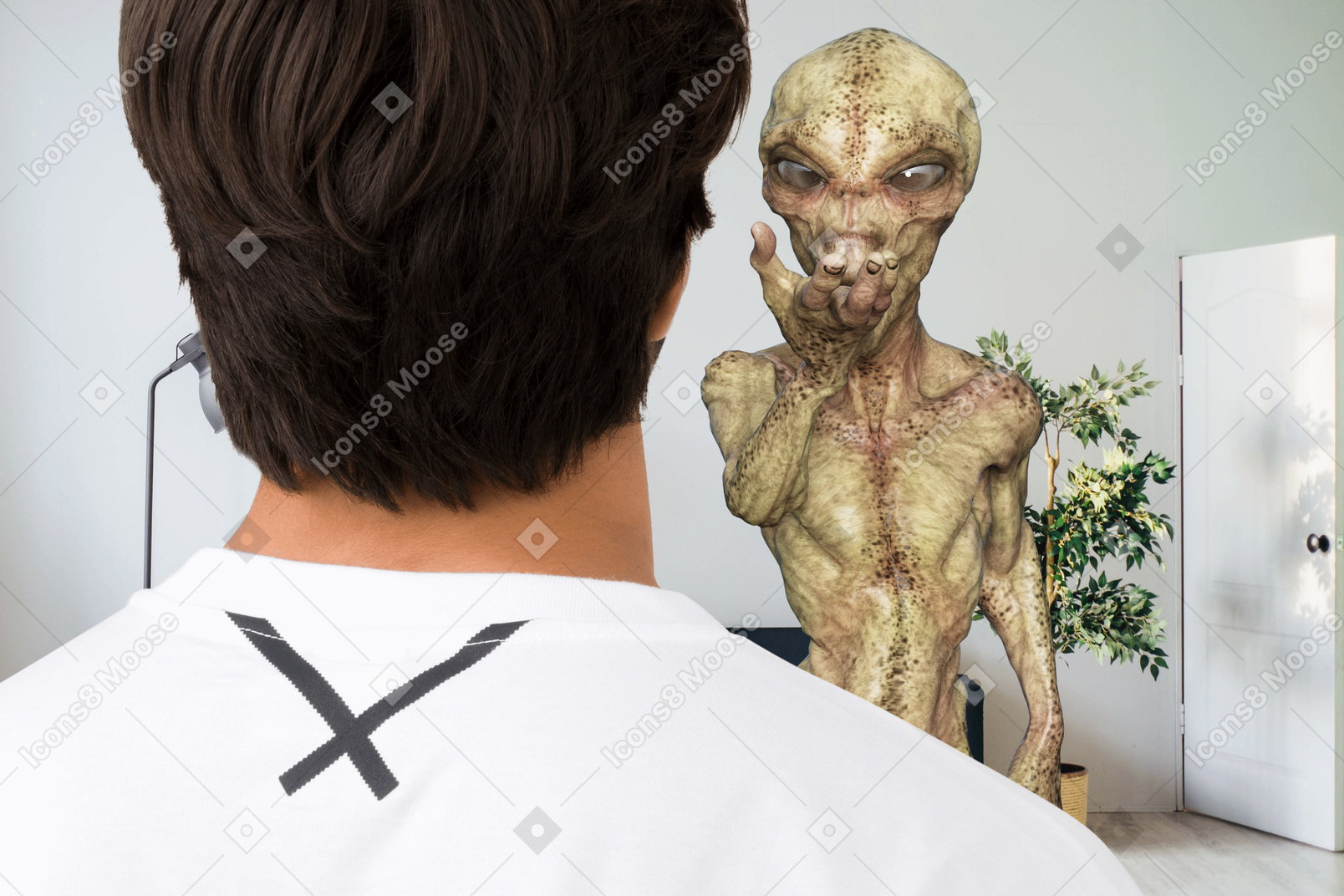 Homme rencontrant un extraterrestre