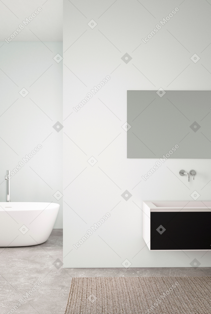 Минималистская ванная комната с умывальником и ванной