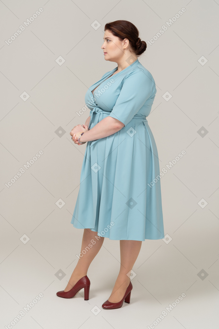 プロフィールでポーズをとる青いドレスの女性