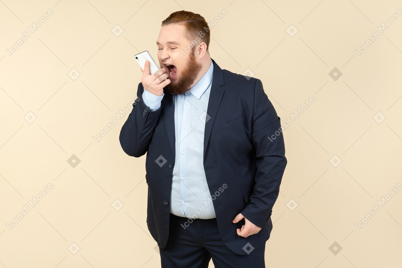 Young overweight office worker yelling at smartphone he's holding