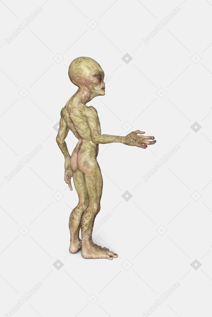 Alien debout dans le profil d'esprit main devant