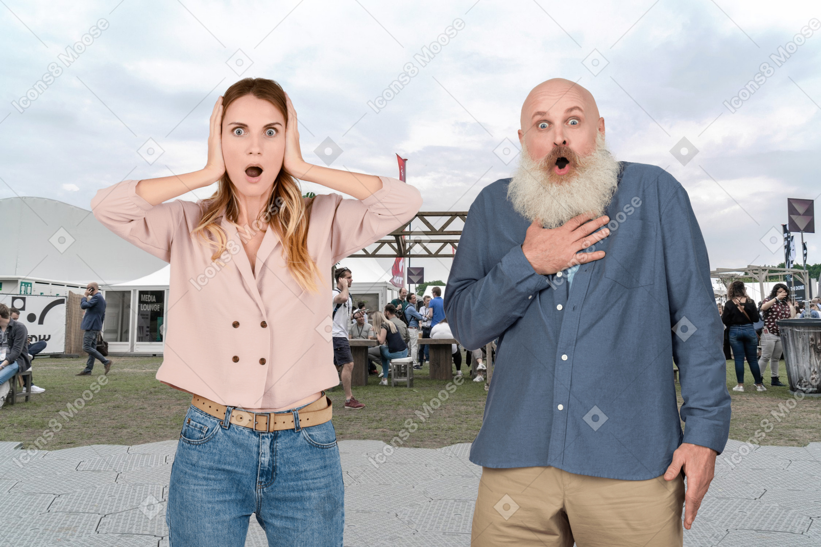 Young woman and aged man standing outside and looking really excited