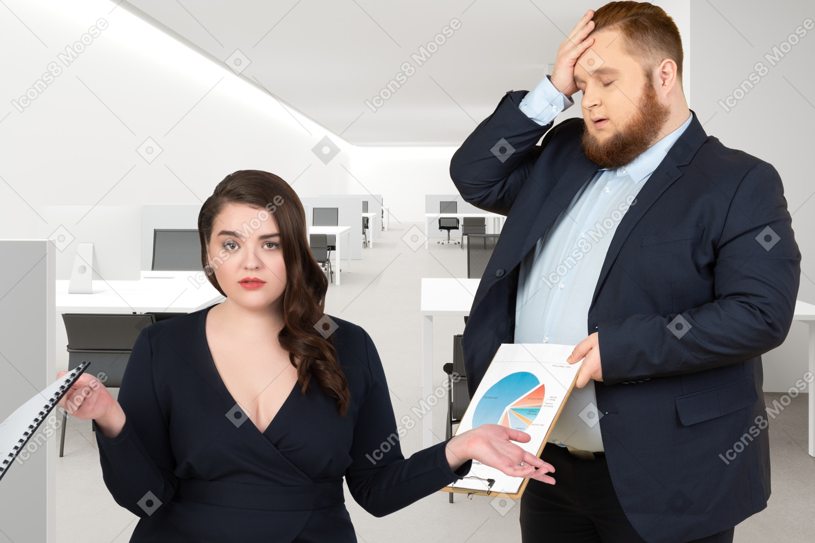 A male colleague facepalming and holding a graph report next to a female colleague