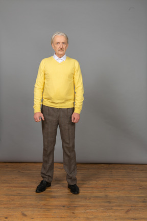 노란색 스웨터를 입고 카메라를보고 우울한 노인의 전면보기