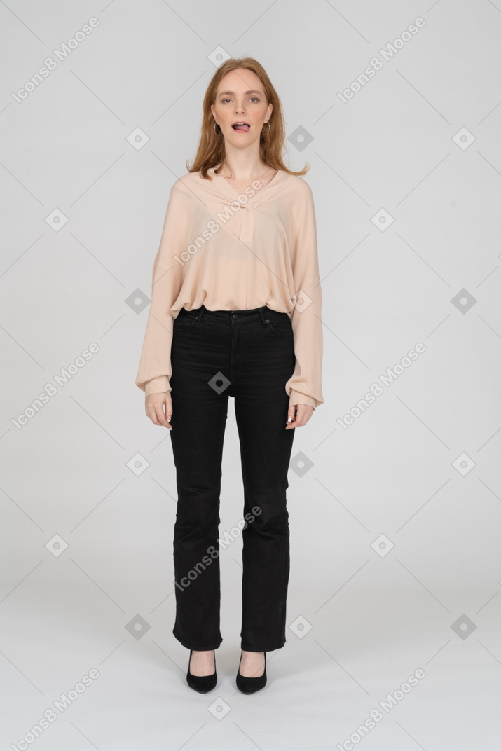 Woman in beautiful blouse standing