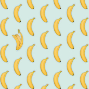 Banana skin among ripe unpeeled bananas over blue background