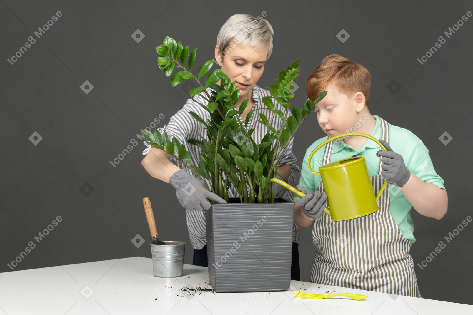Mother and son taking care of home flowers