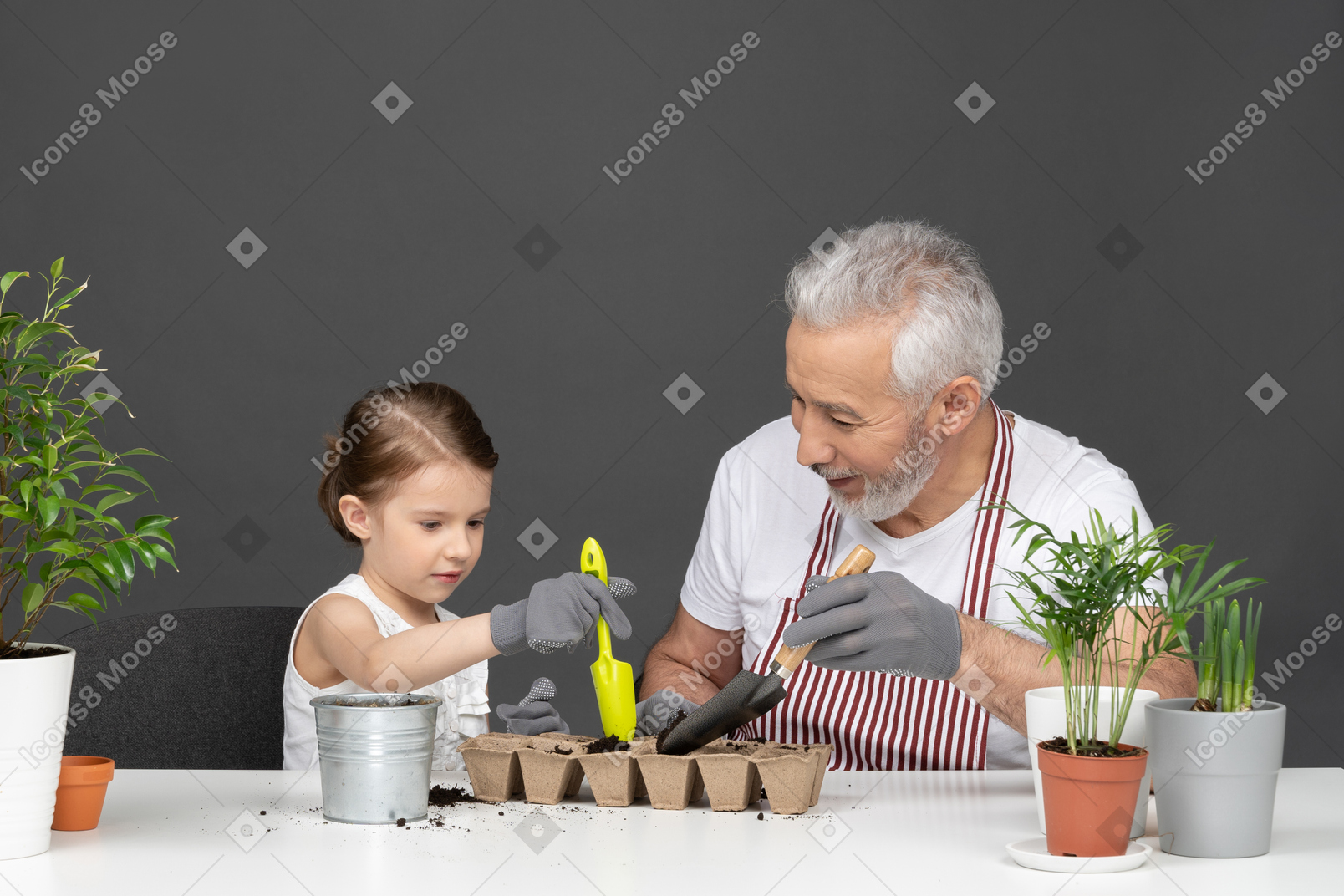 Menina e homem maduro de jardinagem
