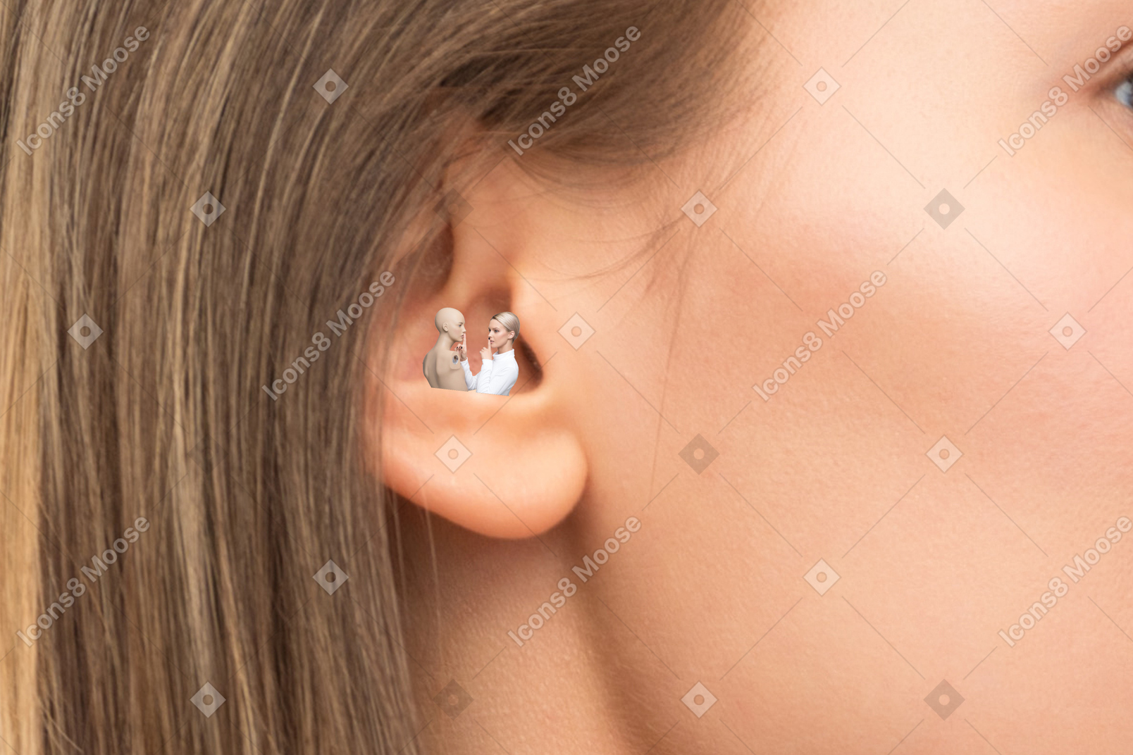 A close up of a woman's ear with a woman and a mannequin inside