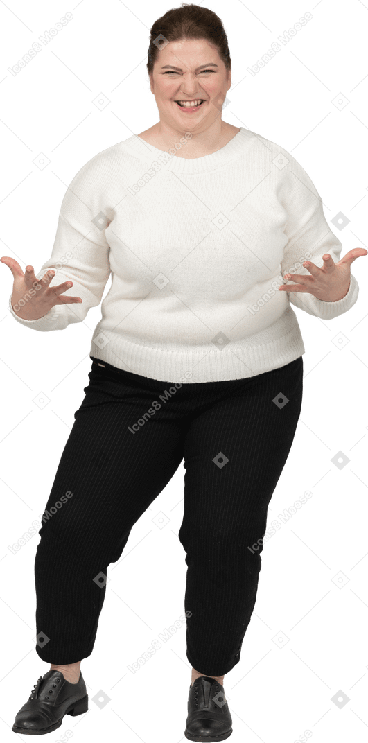 Happy plump woman in casual clothes smiling