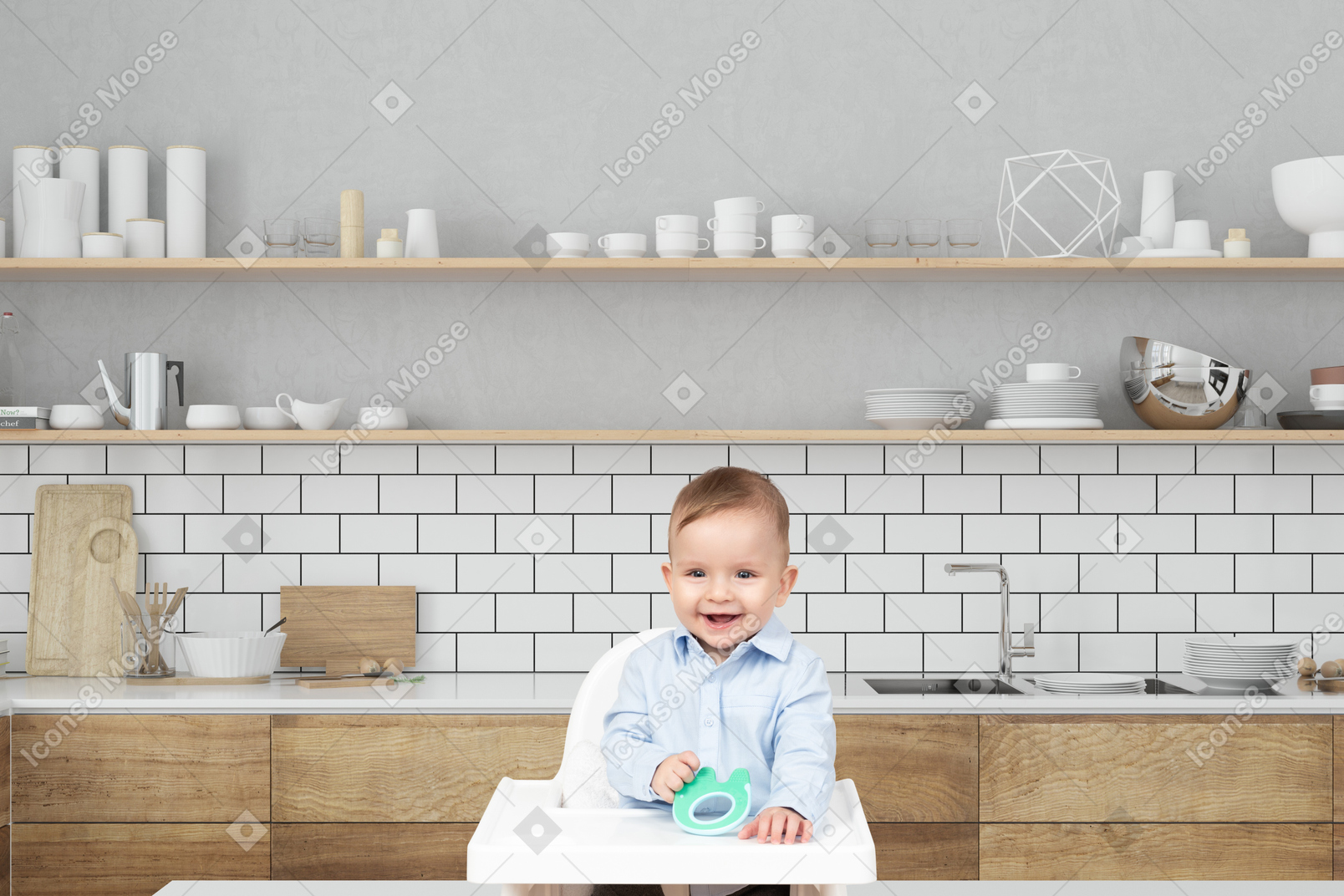 A baby sitting in a high chair in a kitchen
