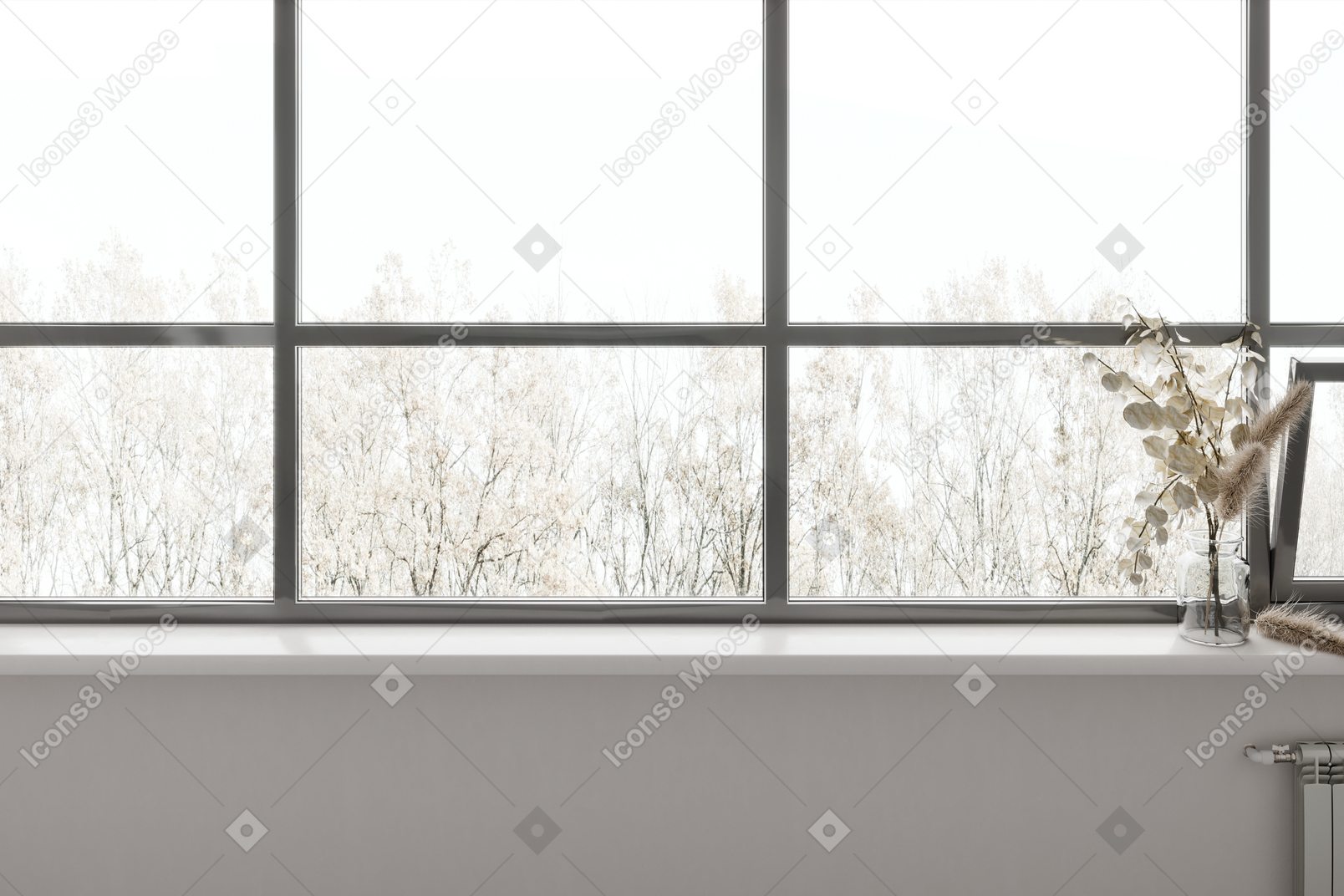 말린 꽃이있는 큰 창
