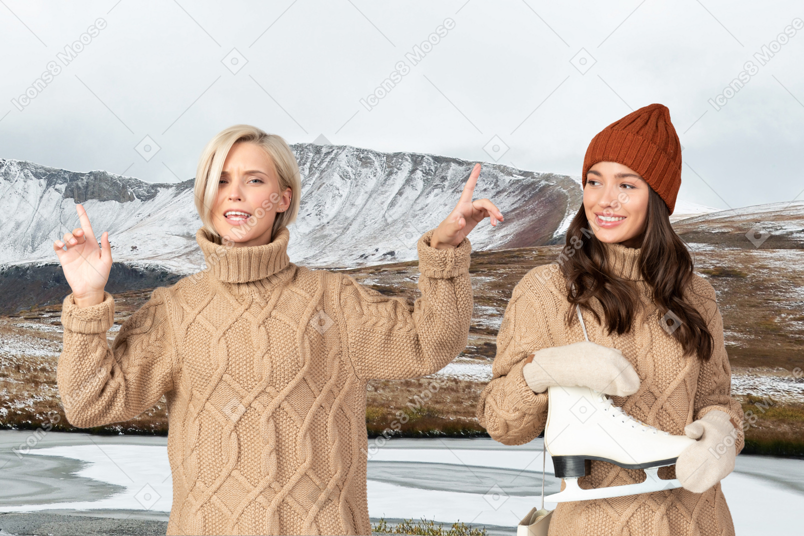 Funny female friends are about to iceskate in mountains
