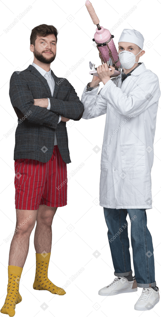 Young man and scientist with sex machine looking at camera