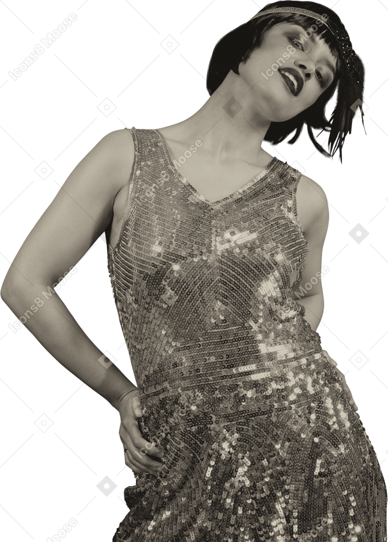 Retro-styled female posing in sequin shiny dress