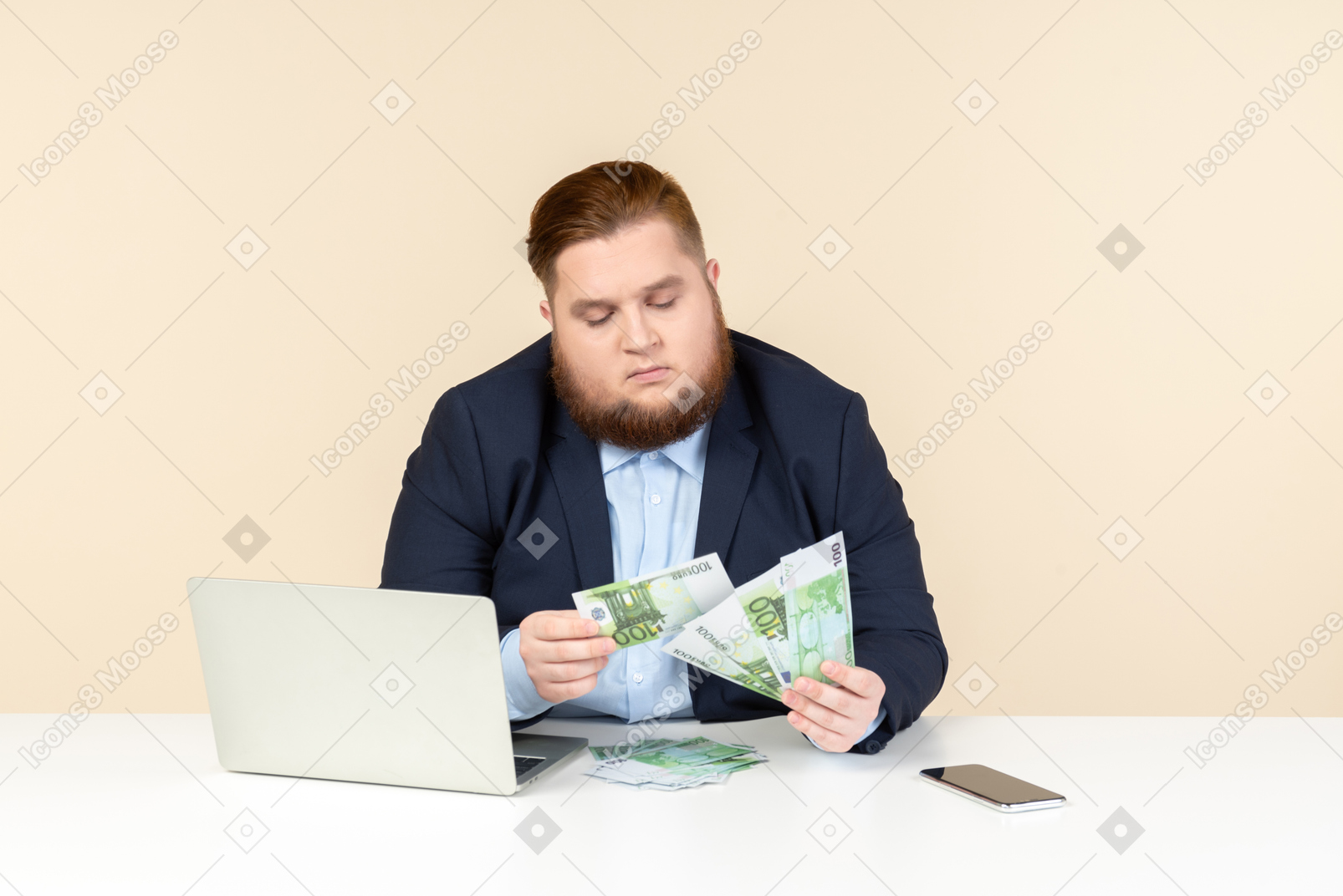 Young overweight businessman focused on counting money
