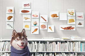 A dog wearing glasses and a scarf with pictures of food in the background