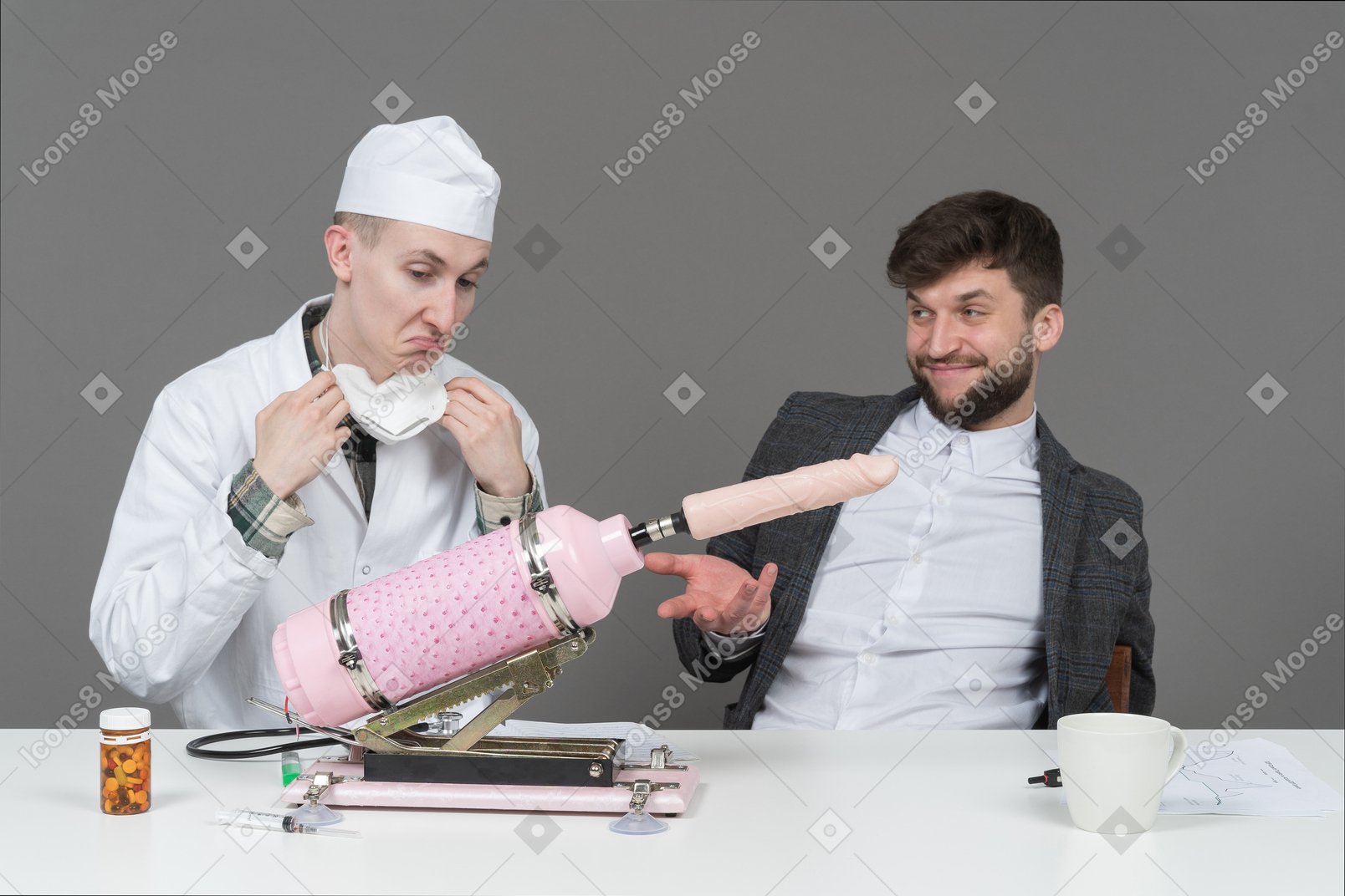 Young man and doctor discussing sex machine