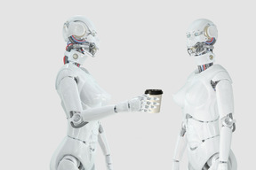 Robot giving a cup of coffee to another robot